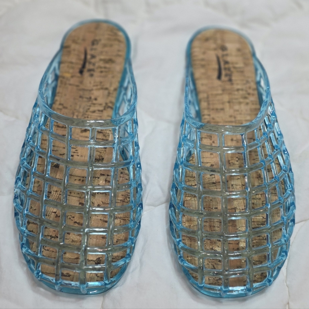 GLAZE Candy-2 Jelly Mule Slides Sky Blue Clear Cork Sandals Size 8